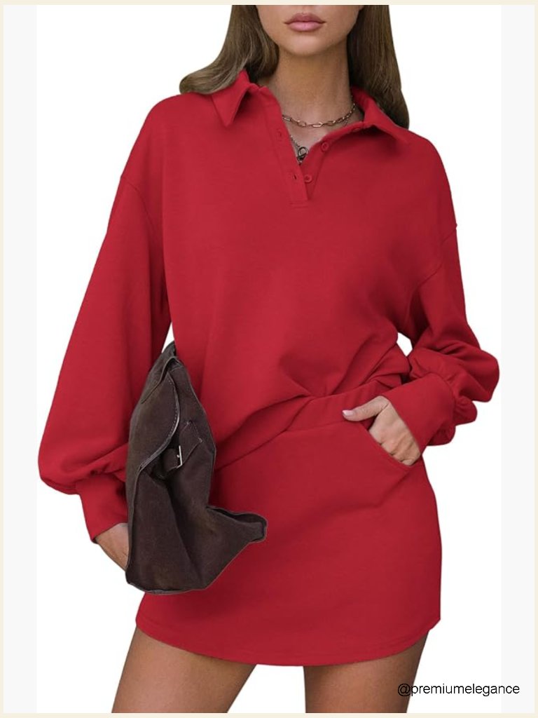 Long Sleeve Polo Skort Set Athletic Tennis Workout Matching Two Piece